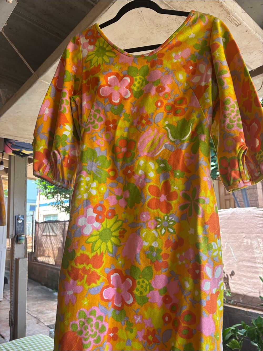 VINTAGE RARE Retro Floral Midi MINI Dress in Yellow, Pink & Green 100% cotton.